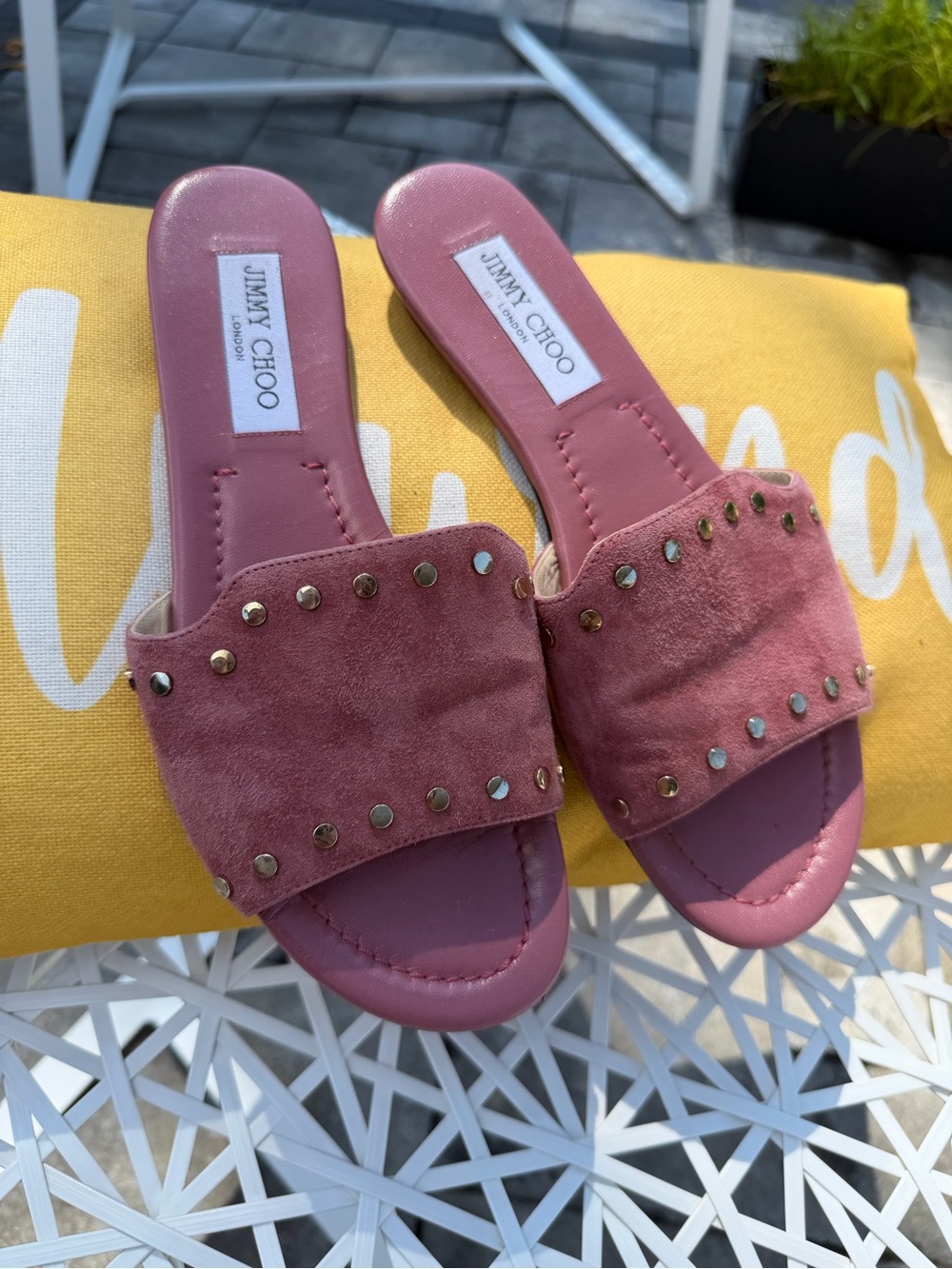 Jimmy Choo Pink Suede Stud Slide Sandals